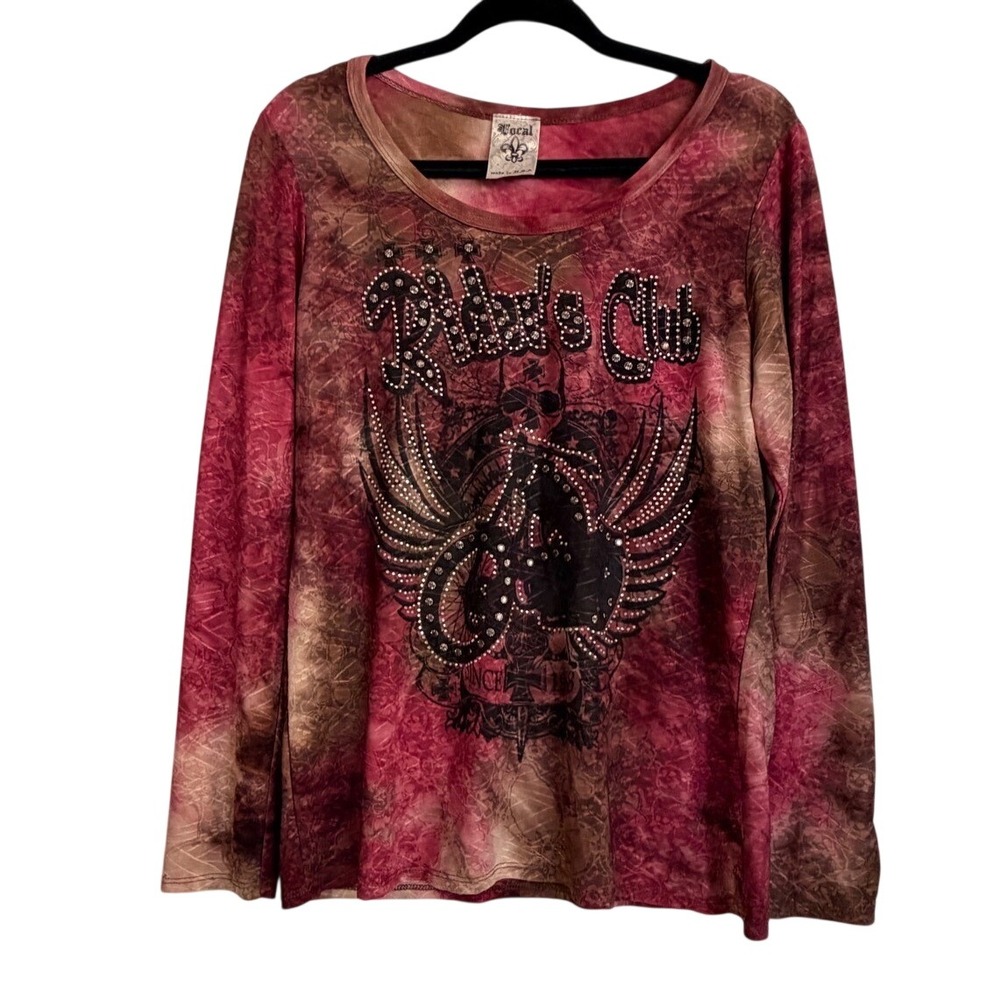 Y2K Vocal Rider Club Graphic Rhinestone Biker Boho Long Sleeve Pink Brown XL